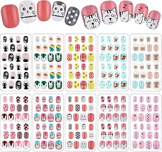 240 Pieces Children False Nails Kids Girls Press on Short Artificial Fake Nails Cute Pre Glue Full Cover Acrylic Nail Tip Kit for Children Little Girls Nail Decoration, 10 Boxes (Colorful Animals)