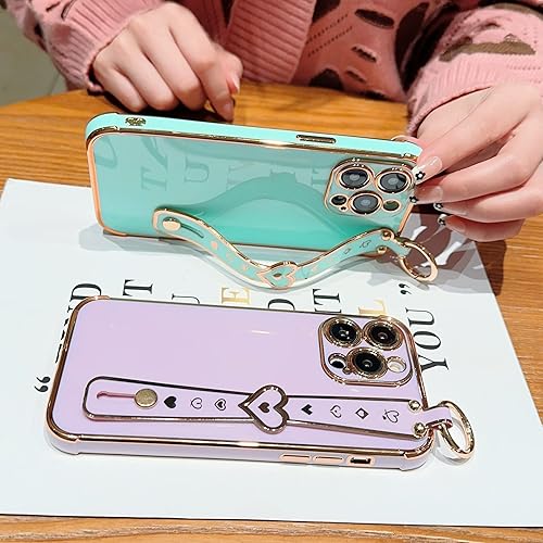 Miniatura 5 de IDweel Funda para iPhone 11 Pro Max con correa de pulsera ajustable, lazo atril, chapado de lujo de corazón, esquinas elevadas, a prueba de golpes,