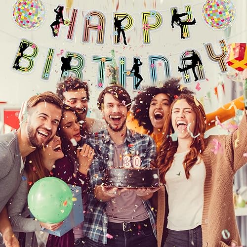 Miniatura 5 de Cartel de feliz cumpleaños de discoteca para mujeres y hombres, decoraciones de fiesta de cumpleaños de discoteca con purpurina para fiesta de