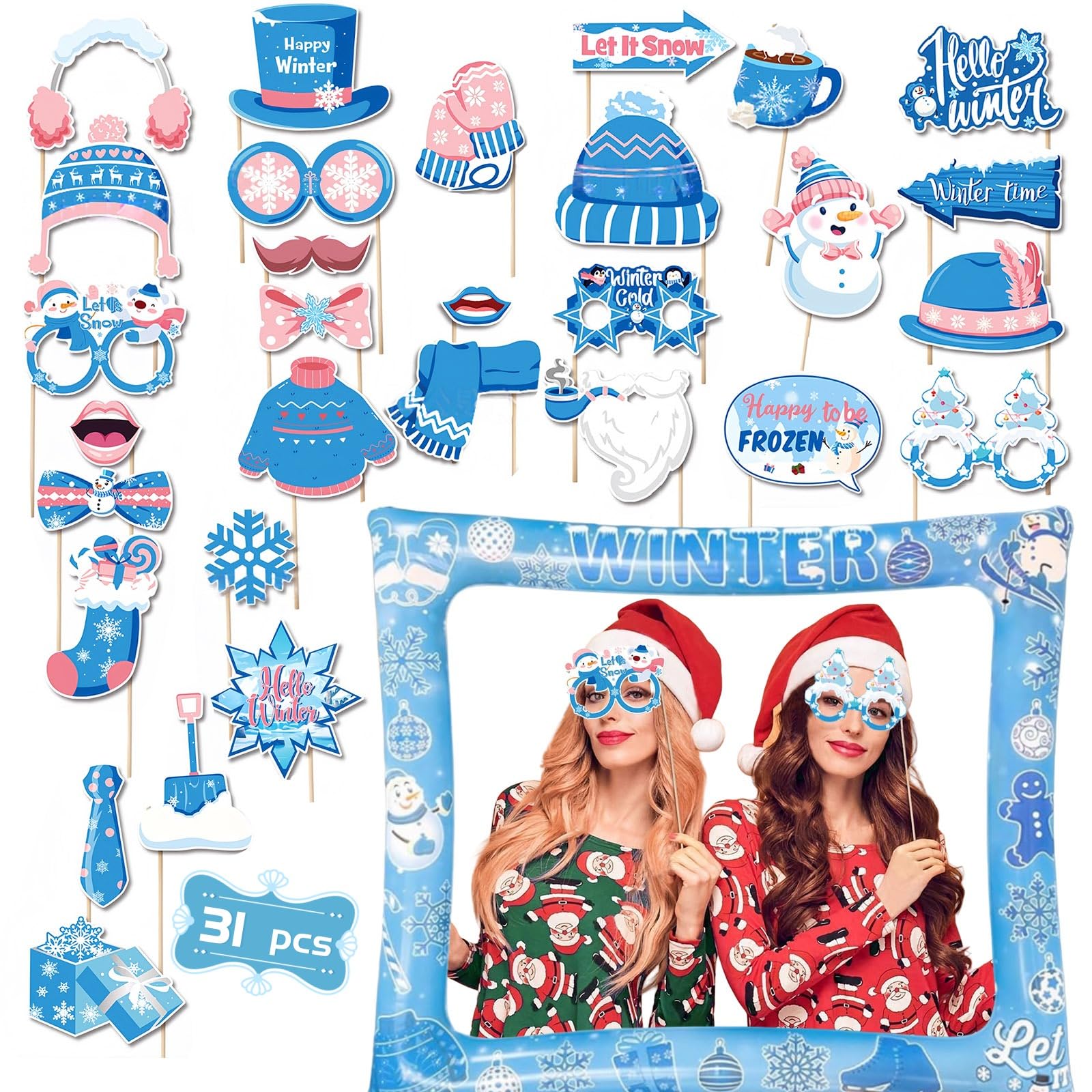 Christmas Inflatable Photo Booth with 30P Snowflake Frozen Photo Booth Props Selfie Frame for Winter Themed Parties,Giant Blow Up Picture Frame Frozen Party Prop,Winter Party Game Accessories Supply