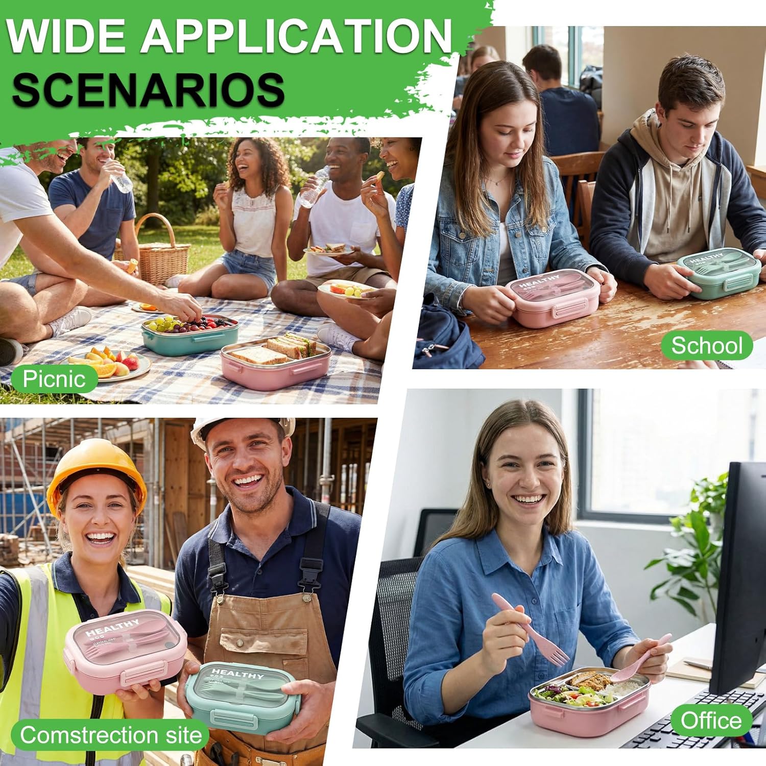 2 Pack Stainless Steel Lunch Container 28oz with Cutlery, 2 Compartment Bento Box, Leakproof Food Storage Container for Adults Family Office Work Picnics Travel, Green and Pink