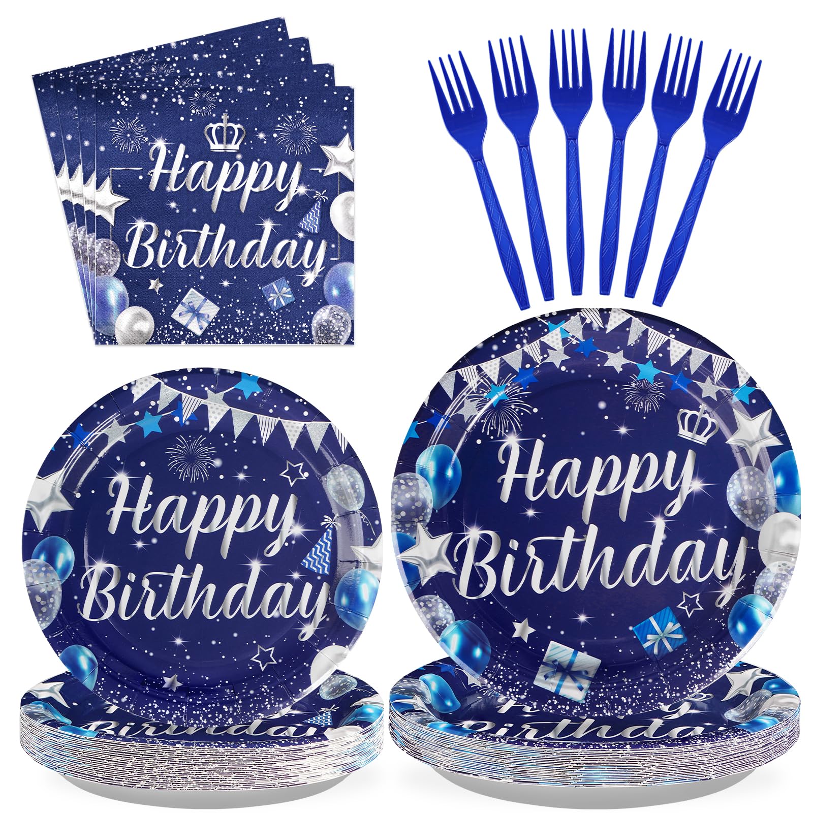 96Pcs Blue Birthday Party Supplies 350 GSM Navy Blue and Silver Plates and Napkins Disposable Tableware Sets Blue Happy Birthday Party Decorations for