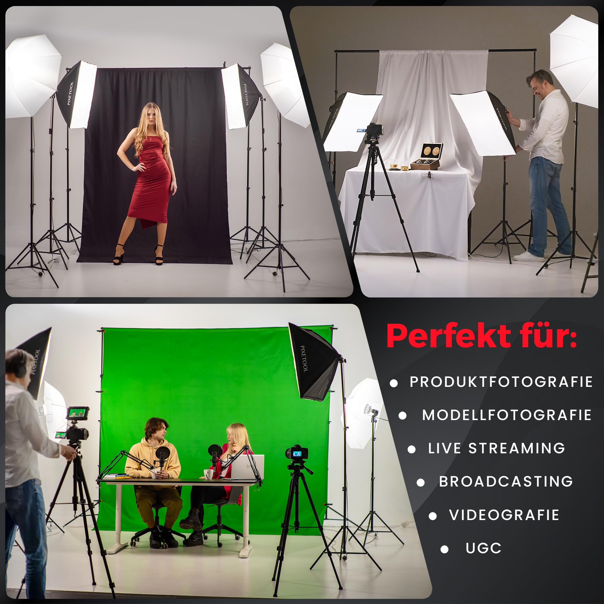 Fotostudio Set - Greenscreen mit Ständer (3m x 3m) – Softbox Durchlichtschirm Lampen Set - 3X Fotohintergrund - Reflektor - Gaming Streaming Fotografie Green Screen - Studiolicht Fotolampe