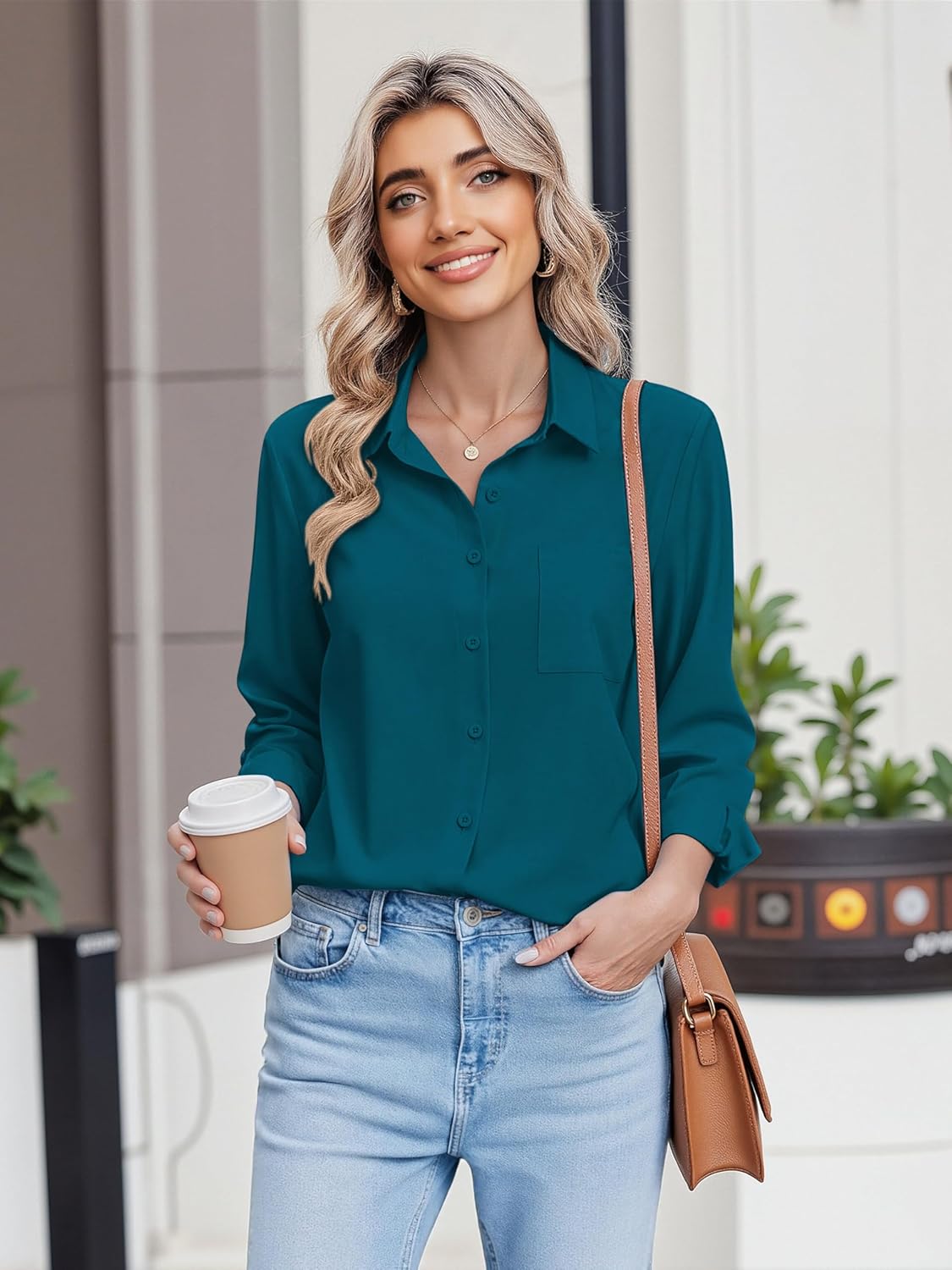 HOTOUCH Button Down Shirts for Women Long Sleeve Blouse Dressy Casual Business Work Tops with Pocket - Image 3