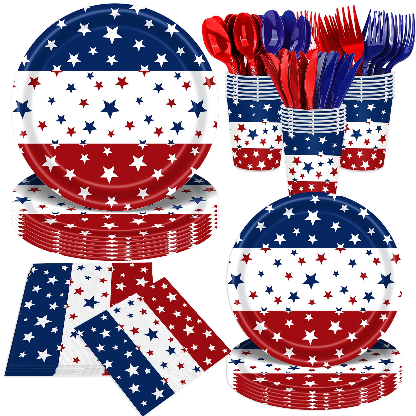 JLCFUTURE 140Pcs Independence Day Party Supplies 4th of July Party Decorations Plates and Napkins Patriotic Memorial Day Party Decor Star Print Paper