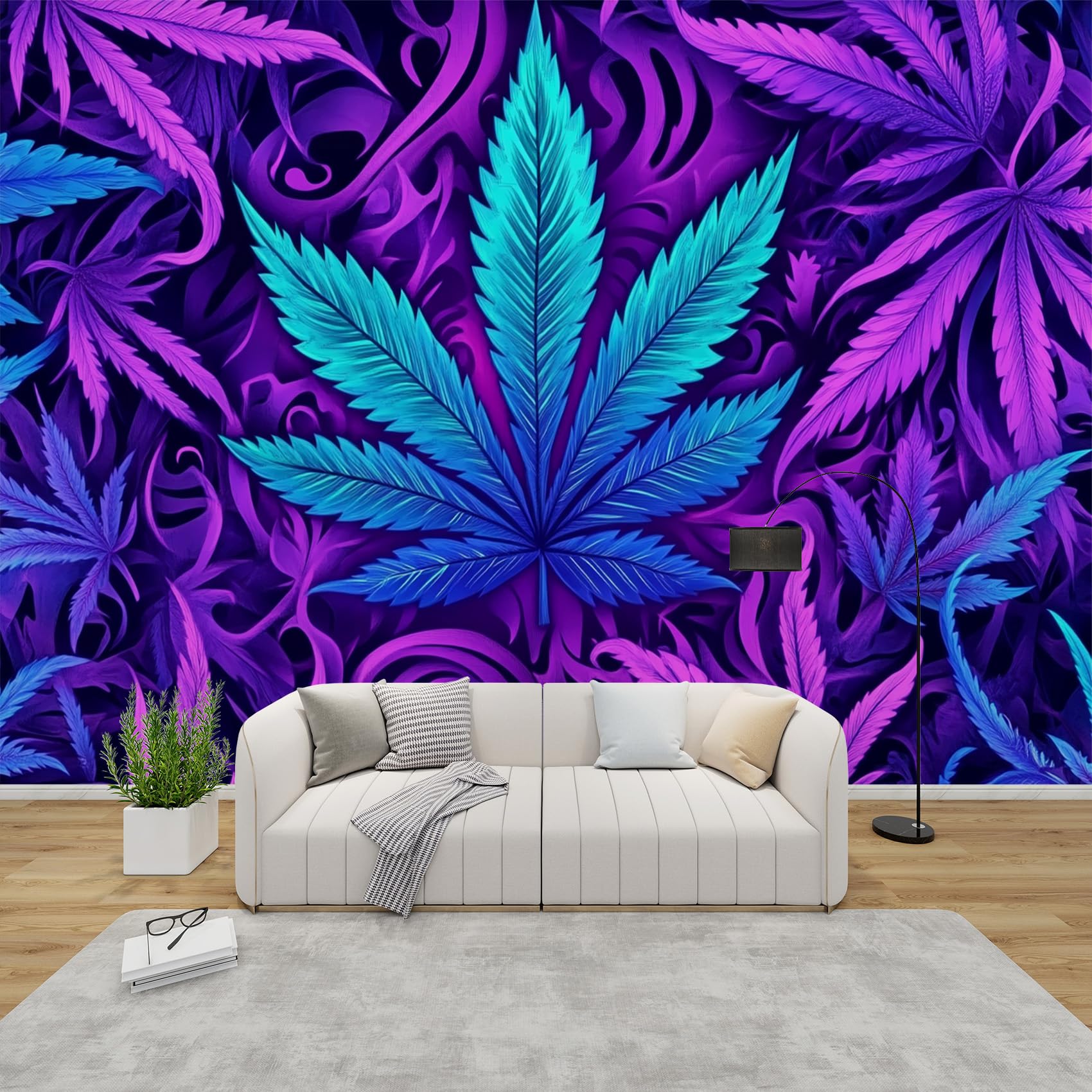 Papier Peint Panoramique Feuille de Cannabis 250x175 cm | Tapisserie Intissé Salon
