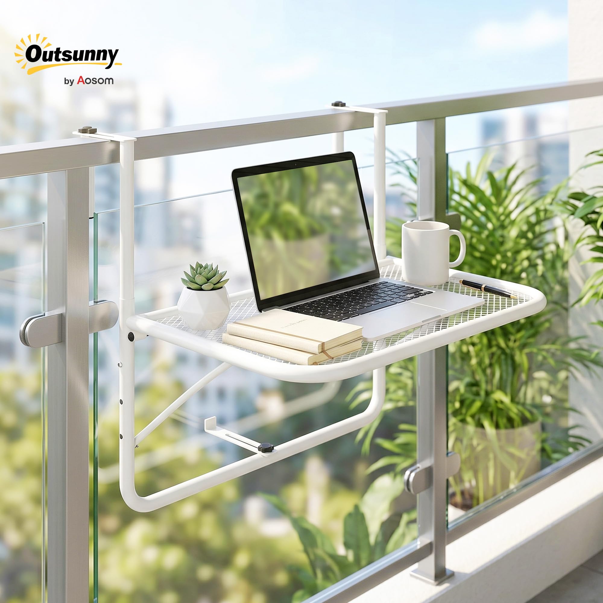 Outsunny Table Suspendue réglable pour Rampe de Balcon, Rectangle, Blanc