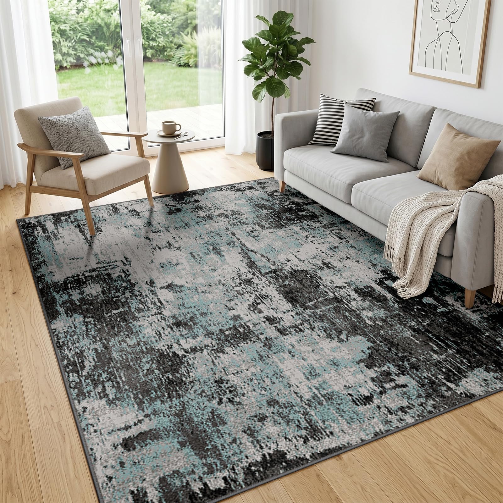 DEFYNEE Modern Abstract Rugs Living Room 150x210 cm Non-Slip Soft Low-Pile Washable Rug for Hallway, Bedroom, and Kitchen-Blueblack — image 1