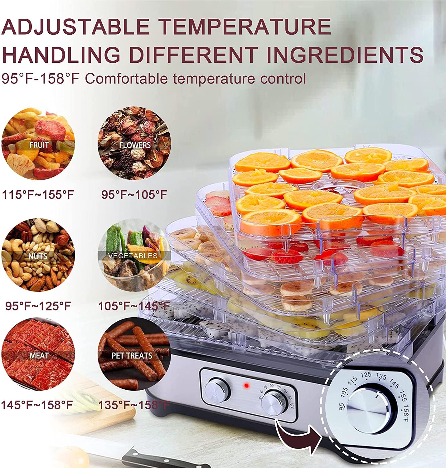 Nictemaw Essiccatore Disidratatore, Essiccatore da Cucina con 8 Vassoi, Deidratatore con Regolatore di Temperatura, 400W, 35-70°C, Timer di 72h per Verdure, Frutta e Carne