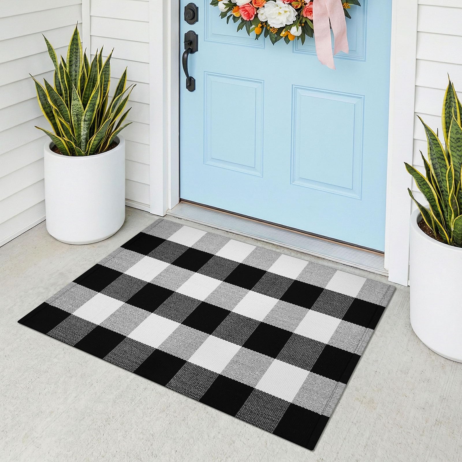 KOZYFLY Buffalo Plaid Area Rugs 2x3 Ft Black and White Checkered Rug Washable Front Door Mat Hand Woven Cotton Outdoor Rug Small Rug for Front Porch Kitchen Entryway Patio Bathroom — image 1