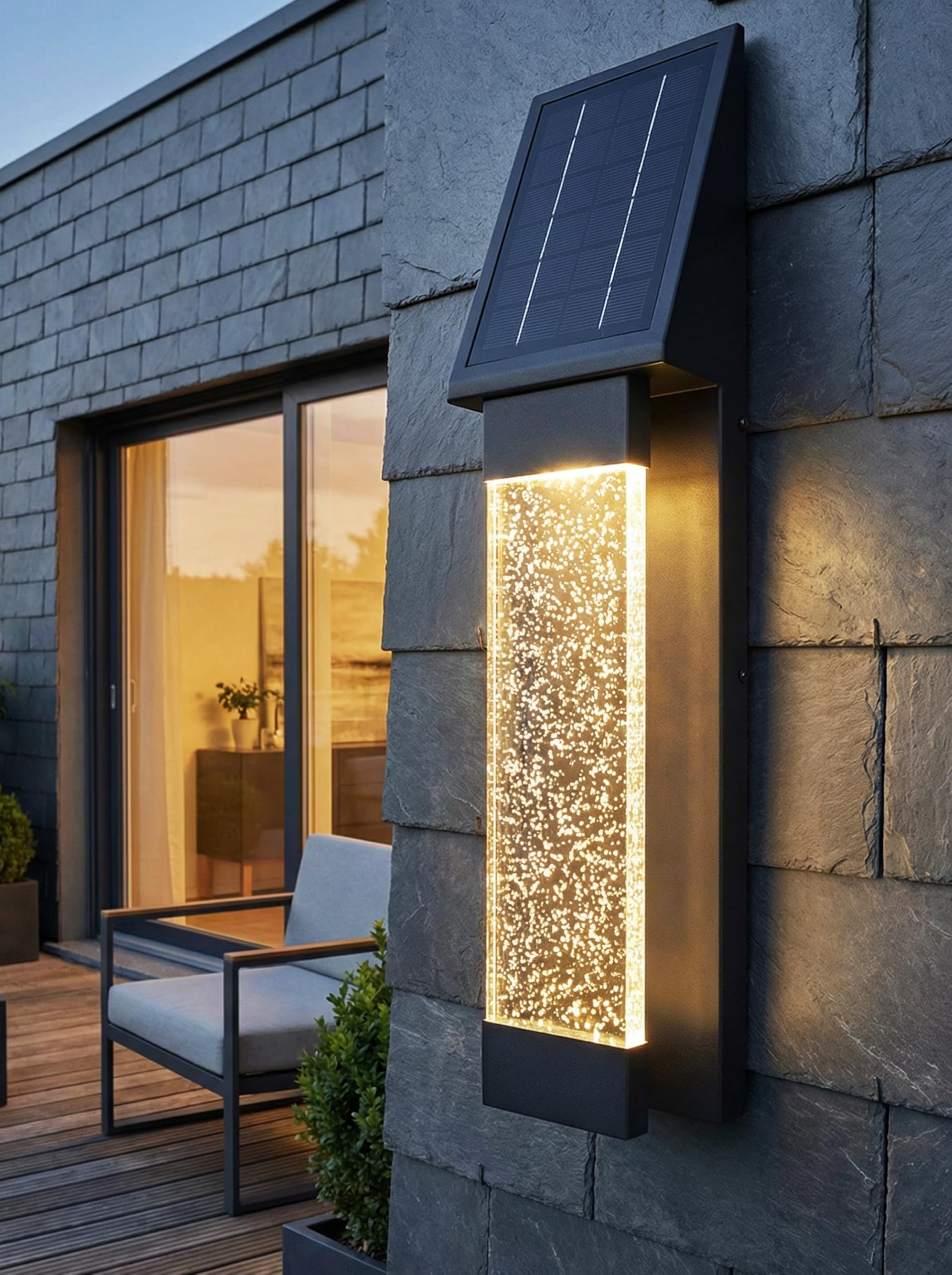 Arnusa Solar Außenwandleuchte Edelstahl mit Acrylglas Luftblasen LED warmweiß, Solar Wandlampe mit Fernbedienung & Dämmerungssensor, moderne Außenbeleuchtung Garten Terrasse Hauswand (50 cm)