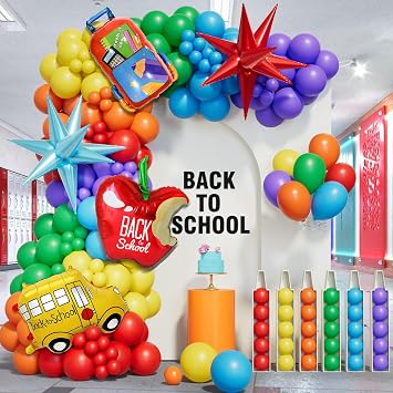 Back to School Balloon Garland Arch Kit,170pcs Rainbow Balloon and Apple Pencil Schoolbag School Bus Foil Balloons for Kindergarten Decorations Back to School Classroom Party Graduation Supplies