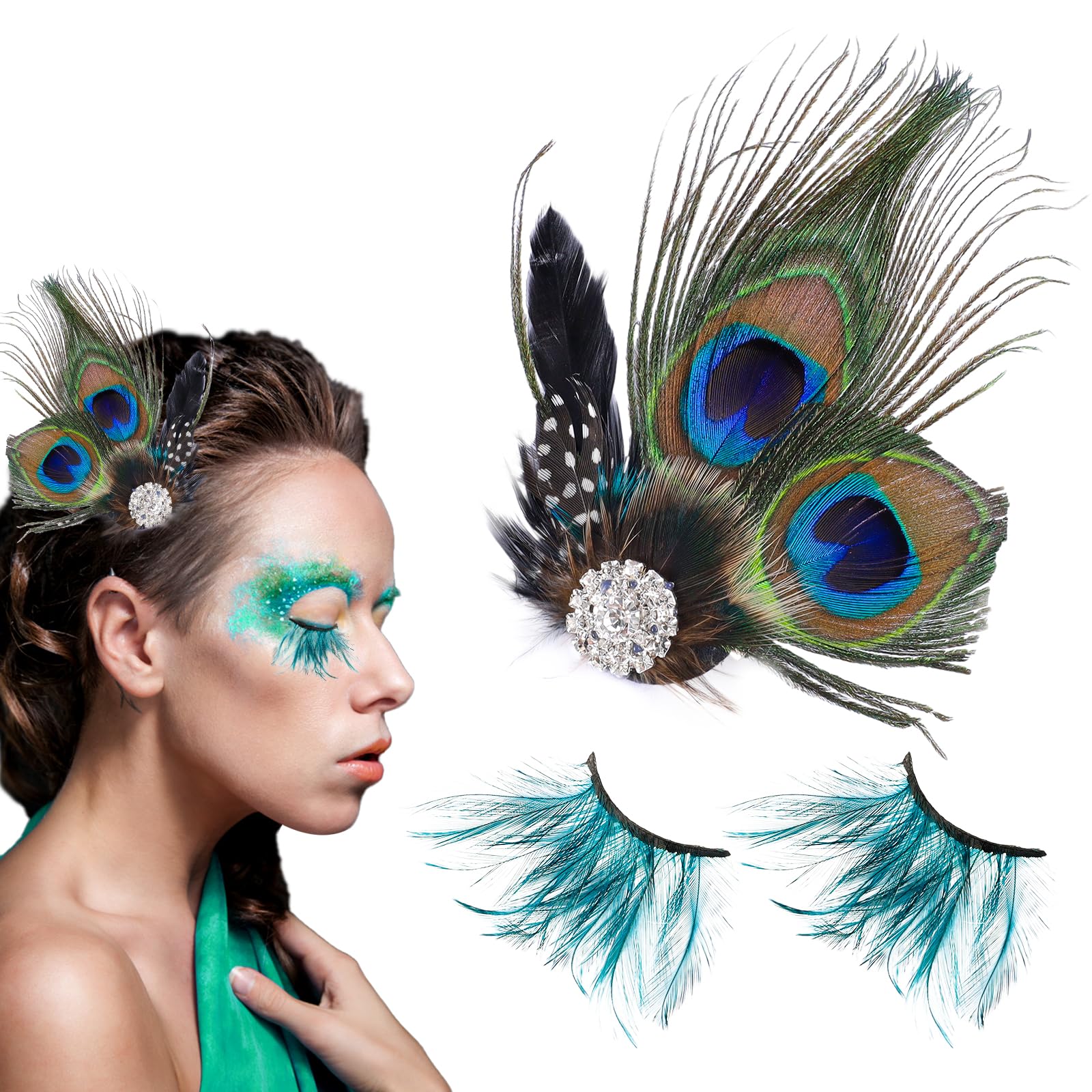 Pfau Kostüm Damen, Pfauenfedern Lang, Falsche Wimpern Haarsp