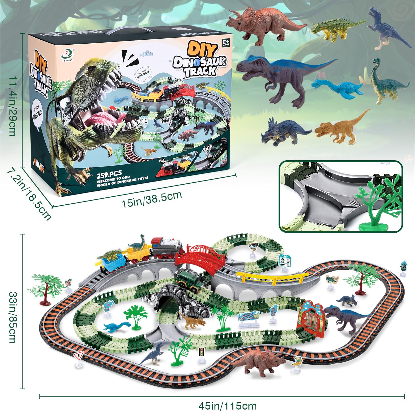JONRRYIN Eisenbahn Elektrisch, 259 Stück Dinosaurier Elektrische Zug, Eisenbahnschiene Spielzeug mit Zug und Autobahnautos, Autorennbahn Dino Eisenbahn Set für Kinder Ab 2-7 Jahren