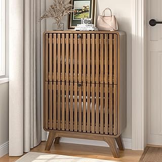 Fluted Entryway Shoe Cabinet Storage, Narrow Small Shoe Organizer Cabinet for Entry Way, Slim Modern Rack Organizer with 2 Flip Drawers, Wood, Hidden, Brown, Walnut