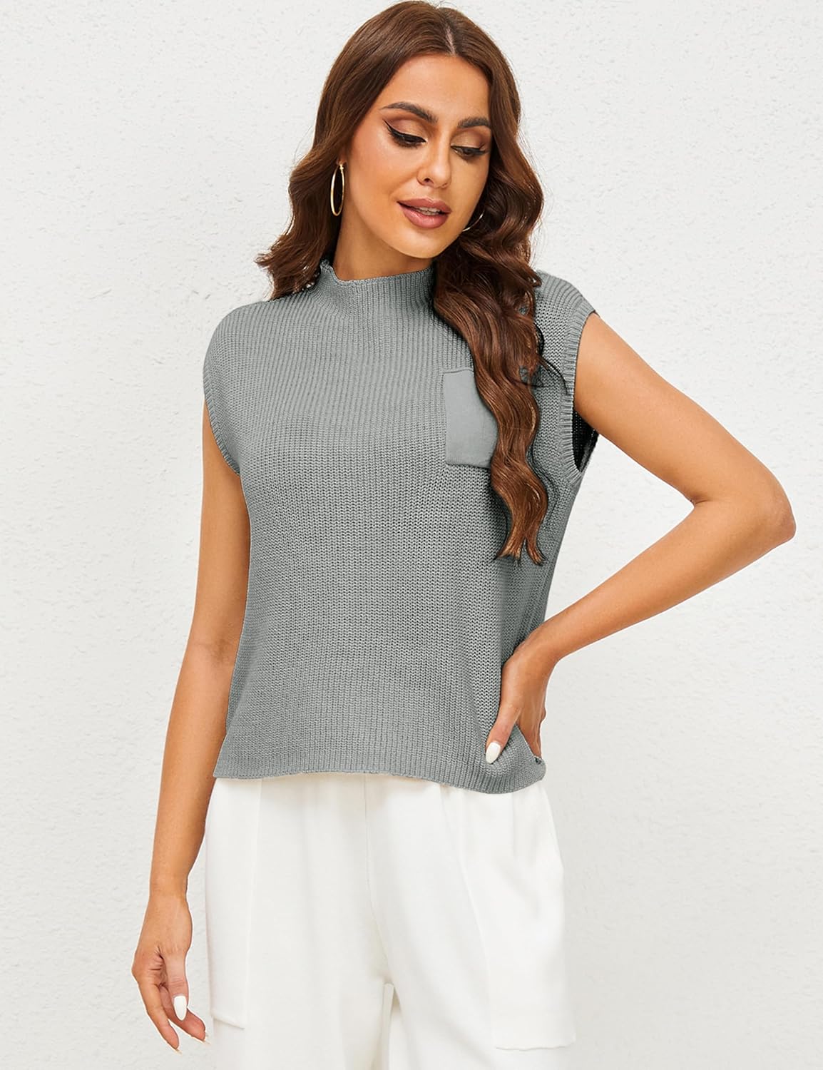Himosyber Women's Solid Sleeveless Vest Mock Neck Cap Sleeve Knitwear Sweater Tops - Image 4