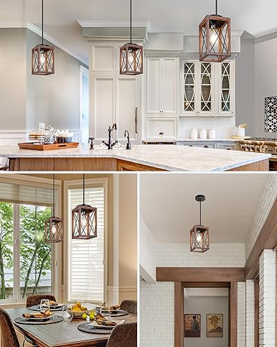 Miniatura 7 de DEWENWILS Lámpara colgante de granja, lámpara colgante de metal con acabado de grano de madera, tubos ajustables de 48 pulgadas para techo plano y