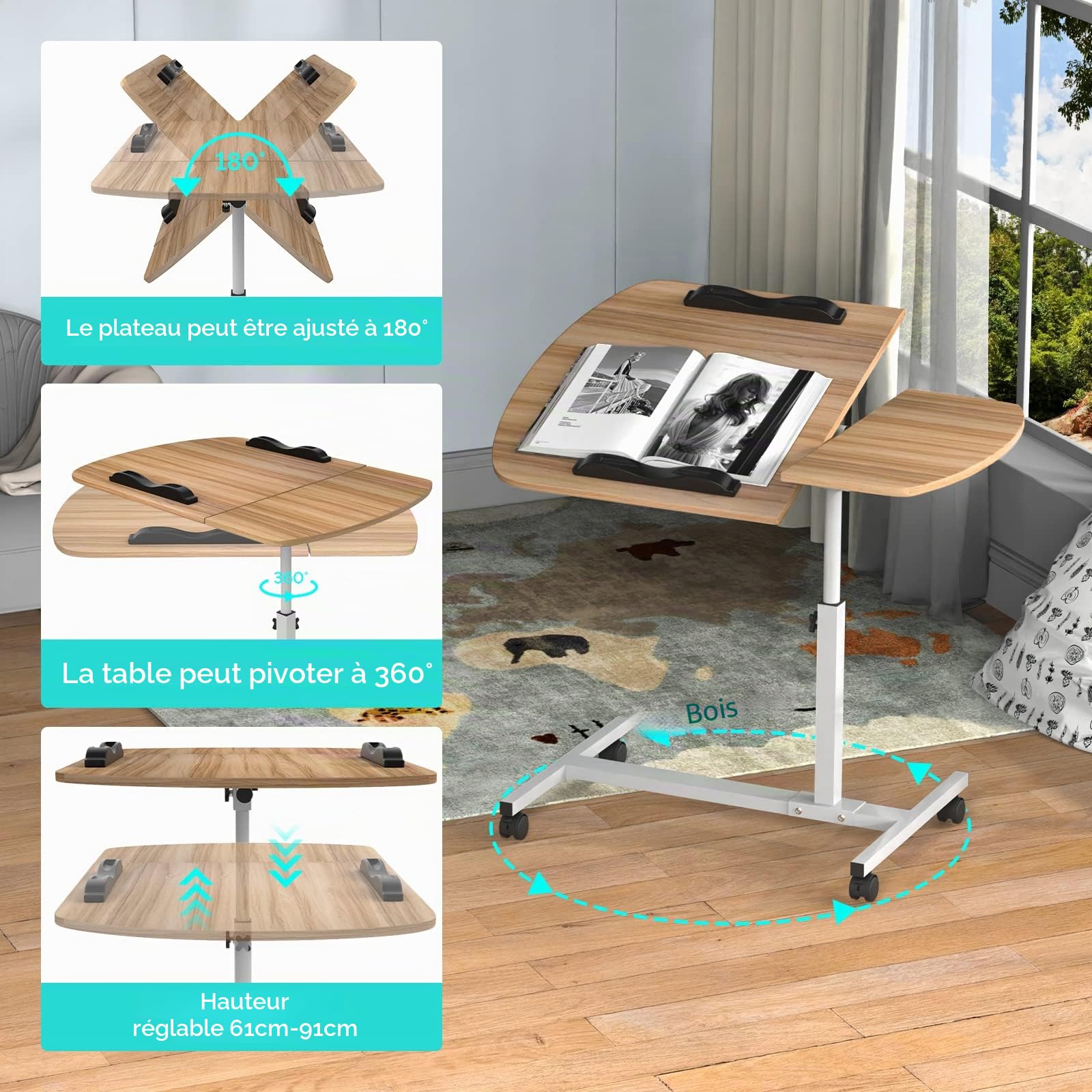 PIPIPOXER 60x40cm Table Roulante pour Lit Canapé avec Bandes Antidérapantes, Bureau Mobile Réglable en Hauteur 61-95cm, Bureau Informatique 4 Roulante Verrouillable, Table Roulante pour Chambre,Bois