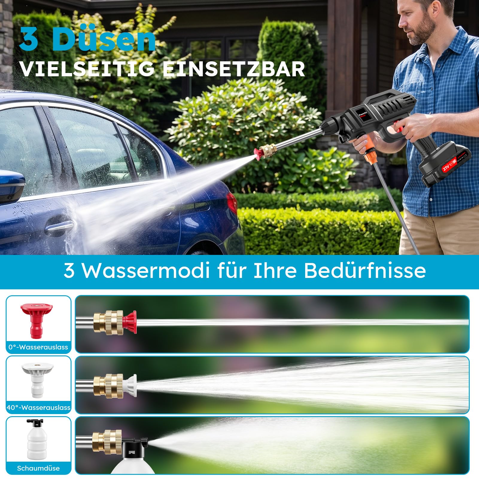 Akku Hochdruckreiniger 21V, Tragbarer Hochdruckreiniger 60 Bar, Kabelloser Mobiler Hochdruckreiniger mit 2 Akkus, Multifunktionsdüse, 5m Schlauch, Auto Garten Terrassen Reinigung (Eimer)