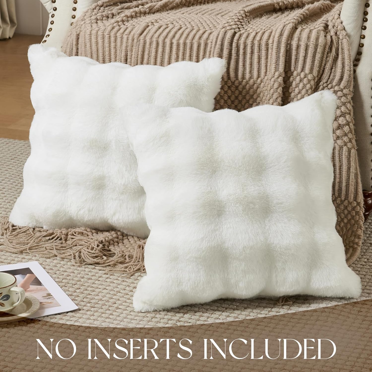 NOVILYS Faux Fur Throw Pillow Covers 18x18 Inch Set of 2, Fuzzy Ultra Soft Cream White Bubble Furry Cushion Covers, Double-Sided Fluffy Decorative Pillowcases for Couch Sofa Bed Spring Home Decor - Image 2