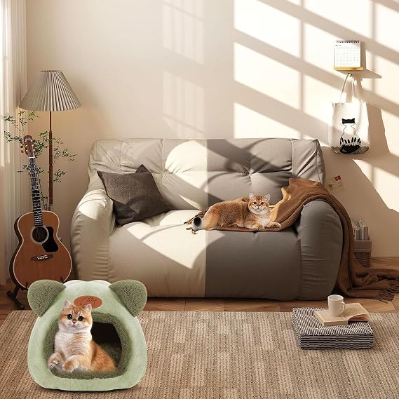 Indoor Cat Cave Bed - Igloo Tent House With Removable Washable Pillow, Super Soft Calming Fluffy Pet Sofa Mats, Foldable Portable for Kittens