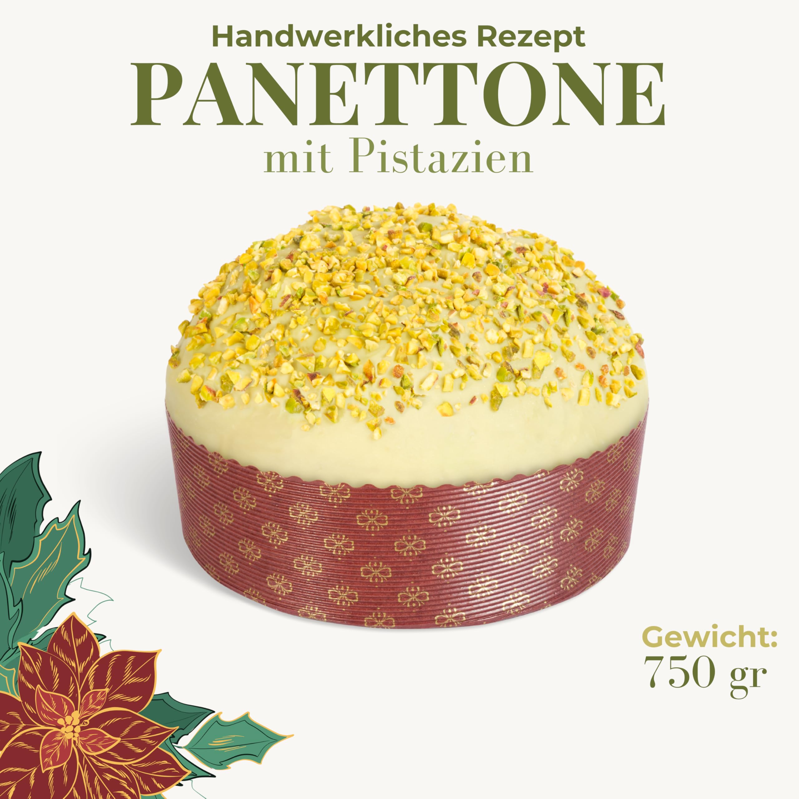 Handwerklicher Pistazien-Panettone 750 g, Pasticceria Fraccaro 1932, gefüllt mit Pistaziencreme, ohne kandierte Früchte und Rosinen, dunkle Schokolade und sizilianische Pistazienkruste, mit Mutterhefe