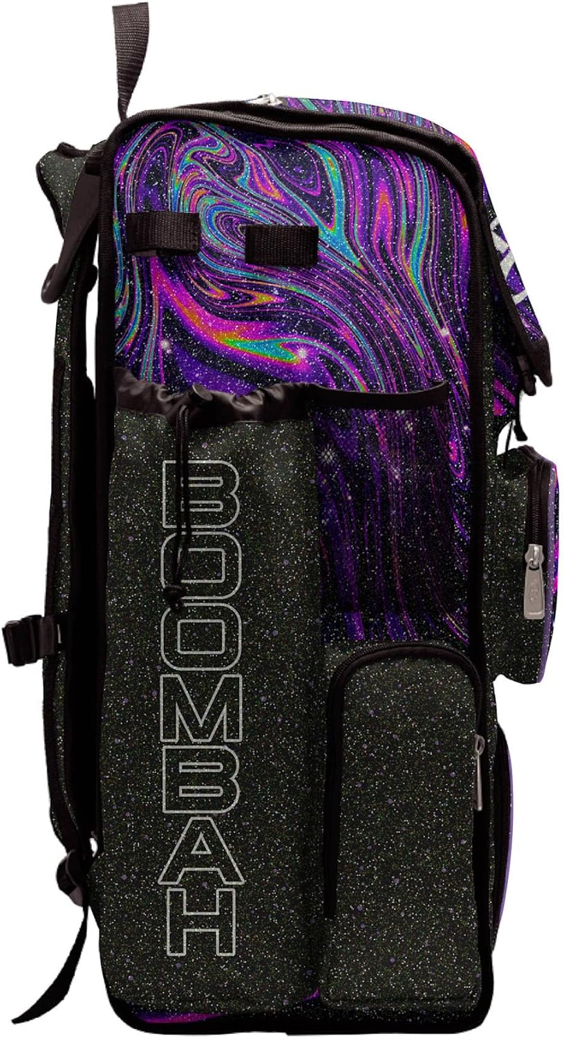 Boombah Superpack Bat Bag - Backpack Version (no wheels) - Holds 4 Bats - Glitter Supernova Black/Amethyst Orchid/White