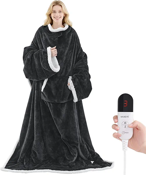 Heated Blanket Wearable Electric Blanket with Foot Pocket and Sleeves, Heating Throw Blanket, Electric Snuggle Blankets, 6 Heating Levels Setting & 4 Hours Auto Shut Off, Machine Washable (Long, Grey)