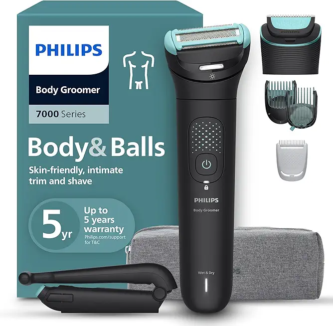 Philips Bodygroom Series 7000 – Trimmer für Männer, flexiblem 2D-Scherkopf Dreifachschutz -austauschbare Scherköpfe, Nutzung im Intimbereich, 100% duschfest, 120 Min. Laufzeit, Modell BG7480/15