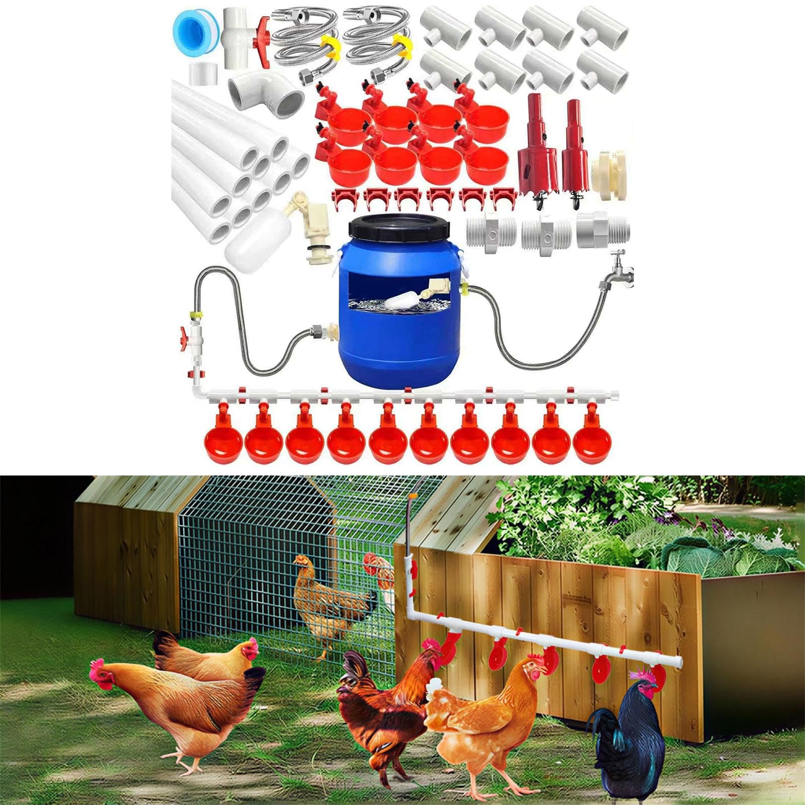 Set completo di attrezzature per l'irrigazione del pollame Alimentatore automatico della tazza del tubo del PVC 58PCS secchio Design Farm Pollame abbeveratoio