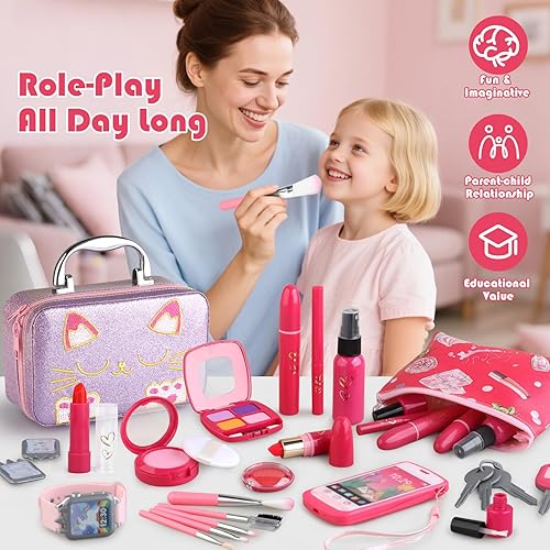 Miniatura 5 de Maquillaje de simulación de regalo para niñas pequeñas de 3-5, 4-6, juego de maquillaje falso con estuche para gatos de 3, 4, 5 años, kit de