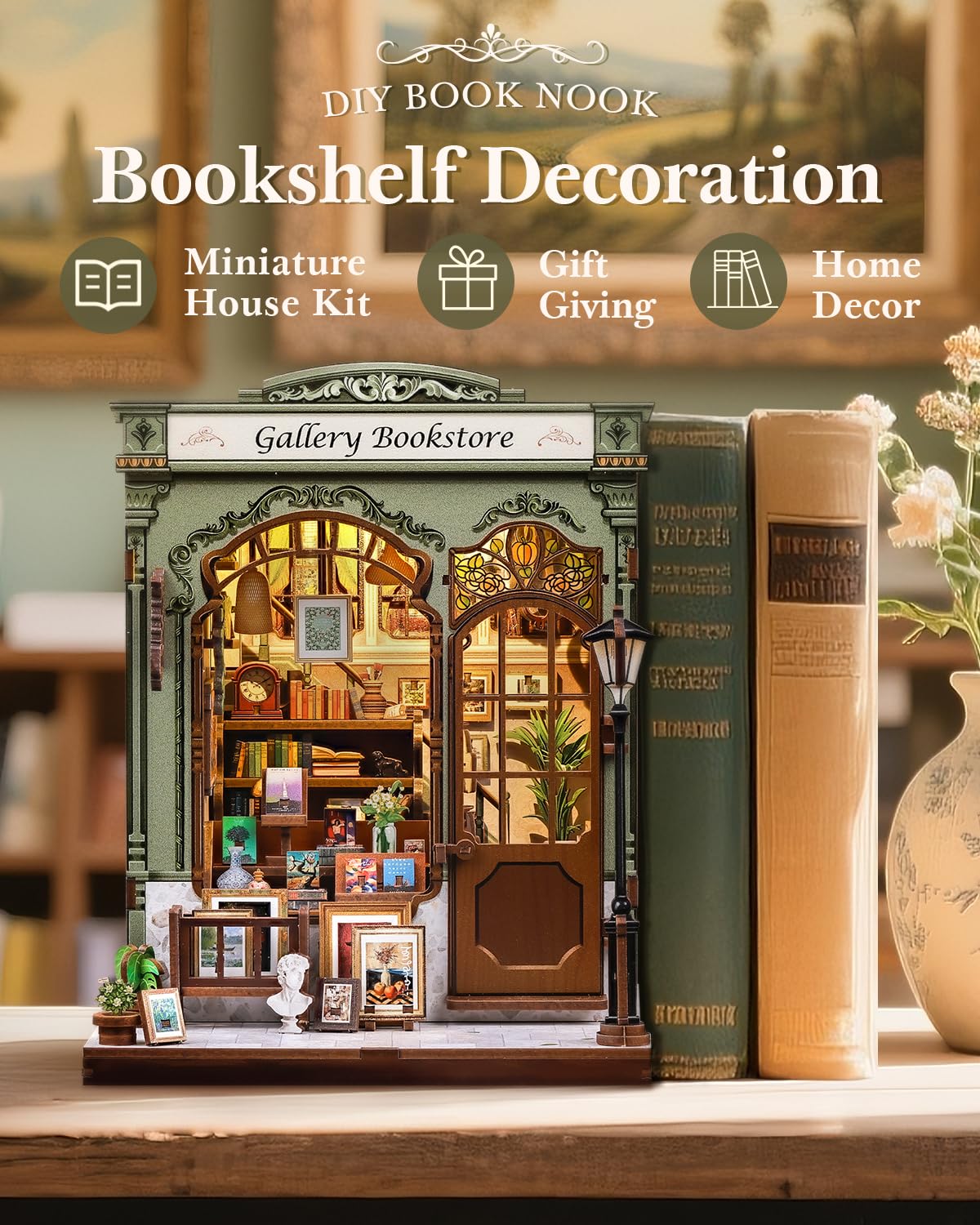 CUTEBEE Book Nook Kit - Casa delle Bambole Fai da Te da Costruire, Una Casa in Miniatura Retro e Artistica, Sottolibri in Legno 3D, Decorazione per Libreria, Regali (Gellery Bookstore)