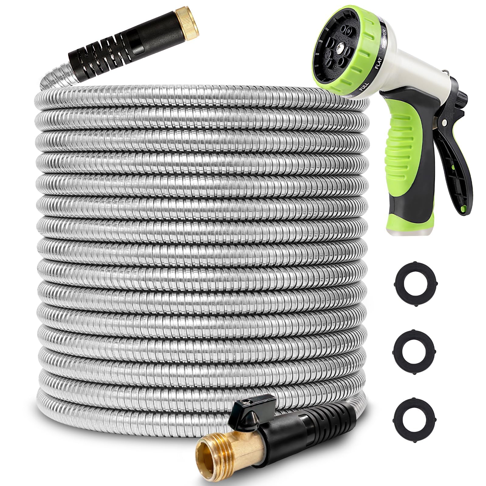 WHOBUY 50FT Metal Garden Hose 304 Stainless Steel Flexible Water Hose - No Kink & Tangle Heavy Duty Pipe with Nozzle, Durable 3/4 Brass Fittings and Valve - Rust Proof Puncture Proof for Yard Lawn