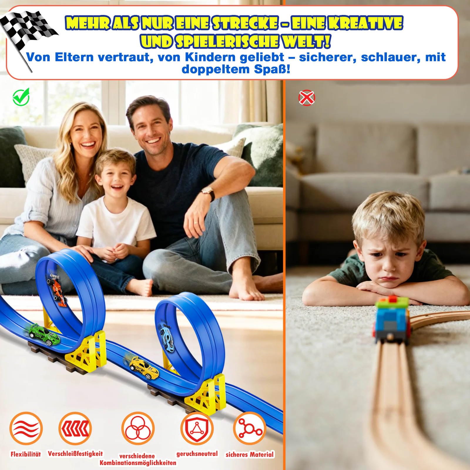 Circuit Voiture Enfant 5M, Piste de Course pour Voiture Double, 1:64 Circuit Flexible Voies avec 6 Voitures, Circuit de Voiture avec Sac de Rangement Ventouse Cadeau pour Garçons Filles (Bleu)