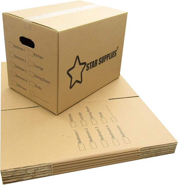 10 x Printed Room List Cardboard House Moving Boxes - Removal Packing Box With Carry Handles 457x304x254mm