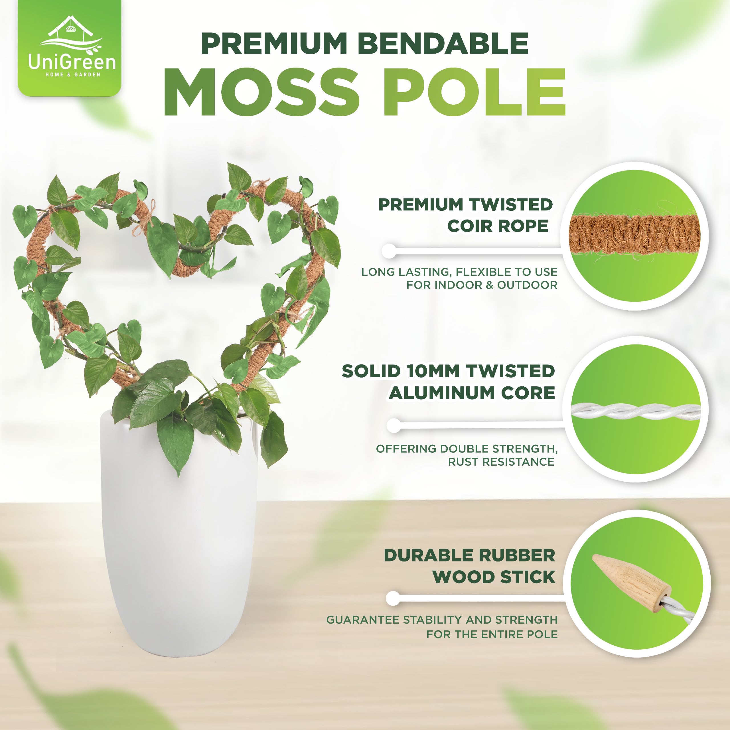 UNIGREEN - Paquete de 2 Postes de Musgo Flexibles 47 Pulgadas, Soporte para Plantas Monstera, Poste de Musgo para Plantas trepadoras, Soporte para Plantas de Interior/Exterior en