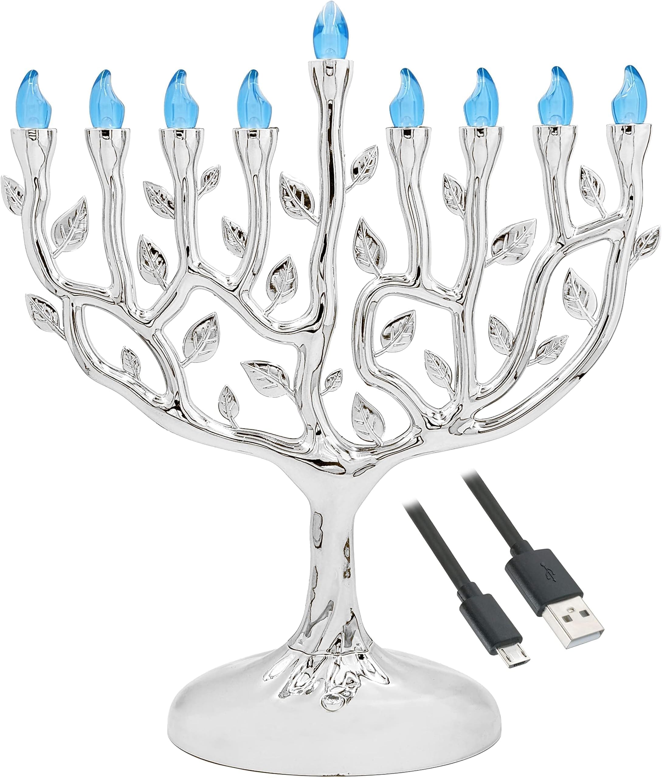 Large 12 Inch High LED Electric Silver Hanukkah Tree of Life Menorah - Includes a Micro USB 4' Charging Cable or Uses 3 AA Batteries (not Included)