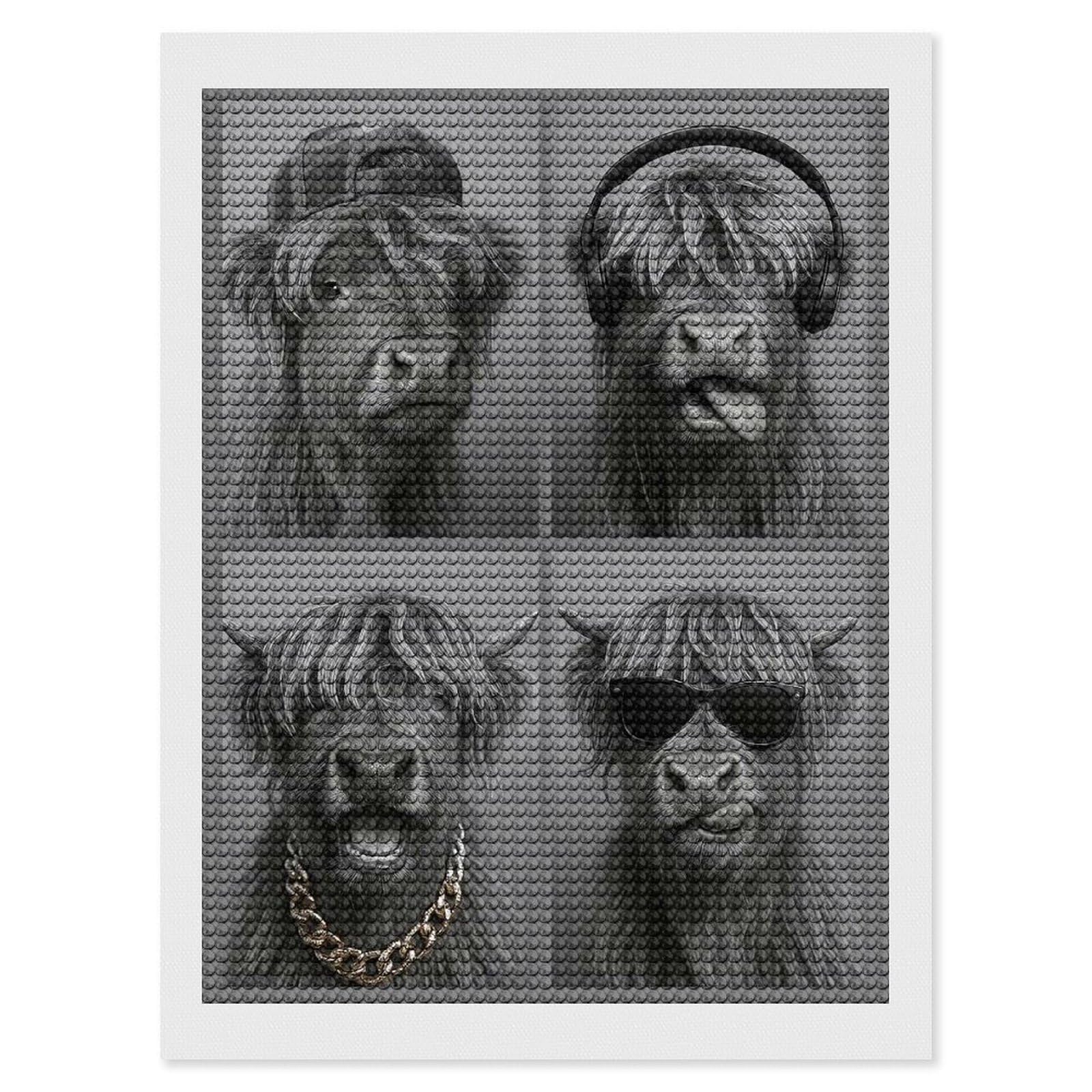 Junmoney Cool Cows in Monochrome Diamond Painting Set 12"x16", Holiday Gift Idea, for Creative Relaxation, Fun Craft Experience, Vintage Style Decor
