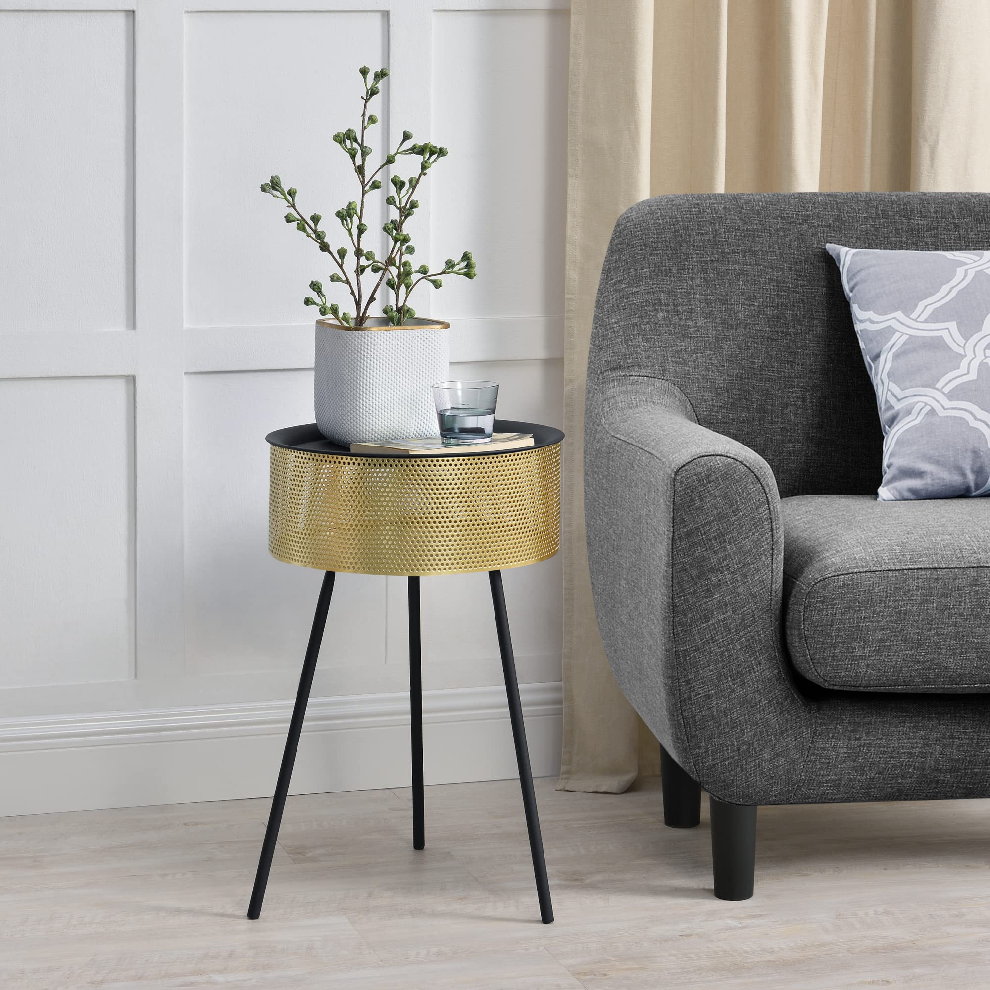 [en.casa] Tavolino da Salotto (AxØ) 65 x 40 cm con Contenitore Color Oro e Piano Tondo Rimovibile, Tavolino Basso in Metallo di Stile Treppiedi - Nero/Oro