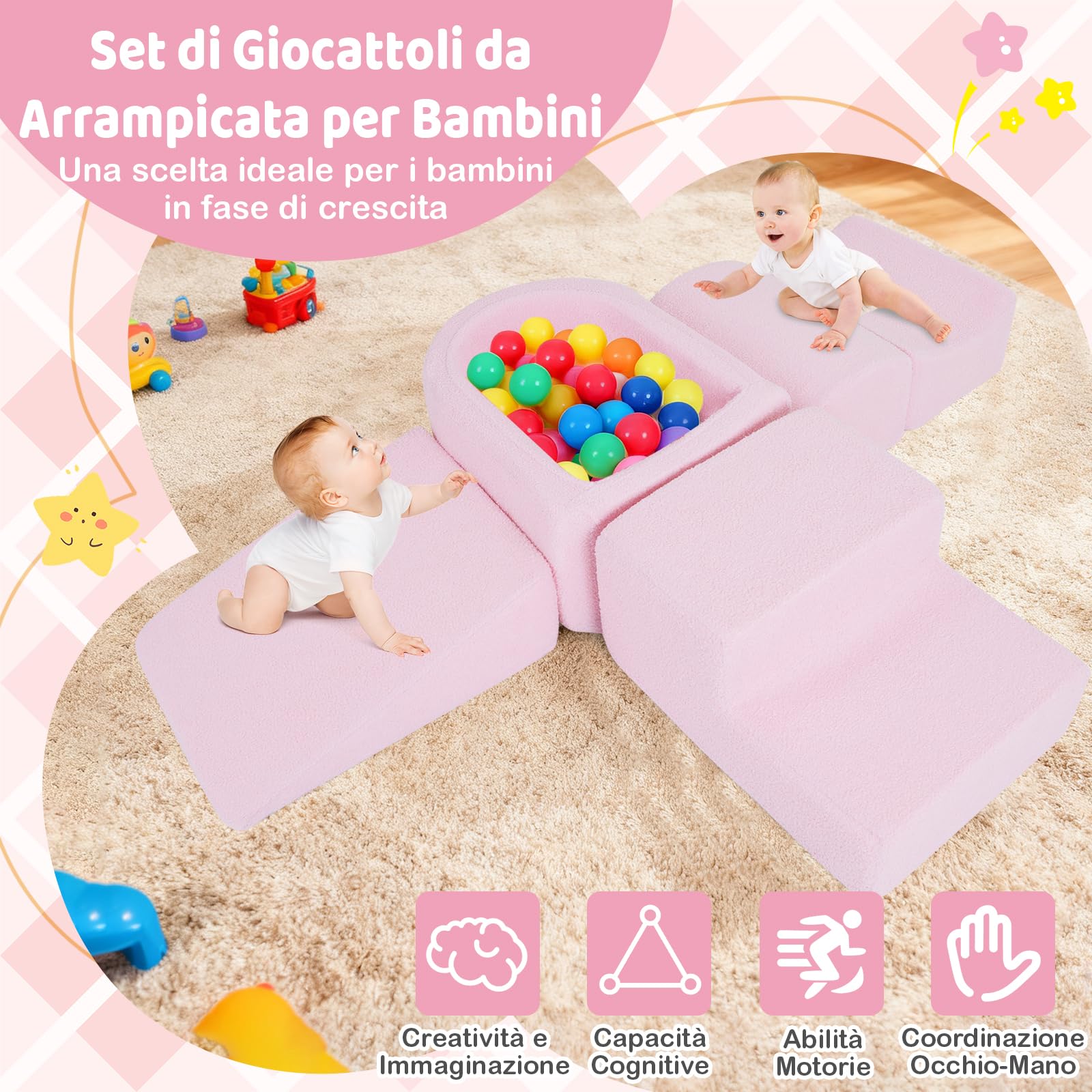 COSTWAY Blocchi da Arrampicata in Schiuma per Bambini, con Piscina di Palline, Set di 5 Pezzi per Arrampicata e Strisciamento, Set da Gioco da Interno per Bambini 3 Anni+ (Rosa,Sherpa)