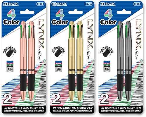 BAZIC Products Bolígrafo retráctil, multicolor, con agarre de barril suave, 0.039 in, oro rosa, gris galaxia (paquete de 2), paquete de 3
