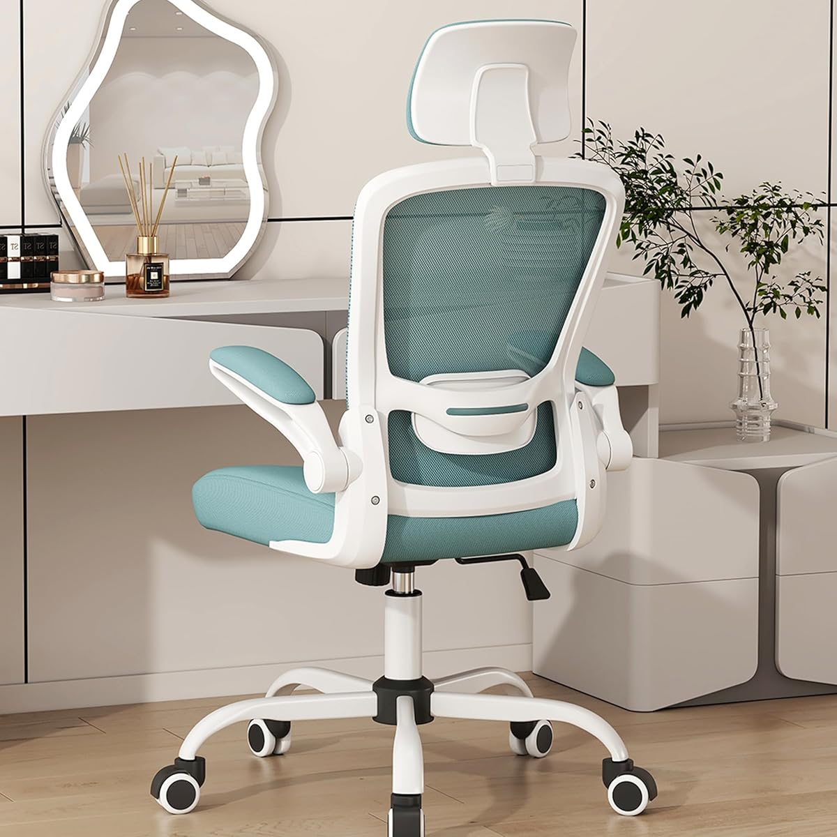Mimoglad Office Chair, High Back Ergonomic Desk Chair with Adjustable Lumbar Support and Headrest, Swivel Task Chair with flip-up Armrests for Guitar Playing (Modern, Tiffany Blue)