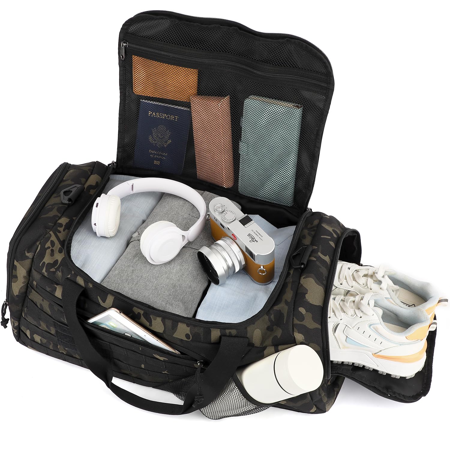 Borsone Palestra Tattica per uomo Donna 45L Borsa Sportiva Impermeabile con Porta Scarpe e Tasca Umida Zaino da Viaggio per Militare Fitness Sport Campeggio, Camo