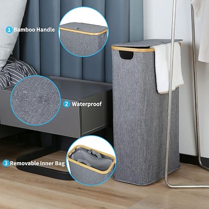 Slim Laundry Basket with Lid, Narrow Laundry Hamper with Removable Bag, Skinny Dirty Clothes Basket with Bamboo Handles for Bathroom, Bedroom & Laundry Room, 63L Ash Grey