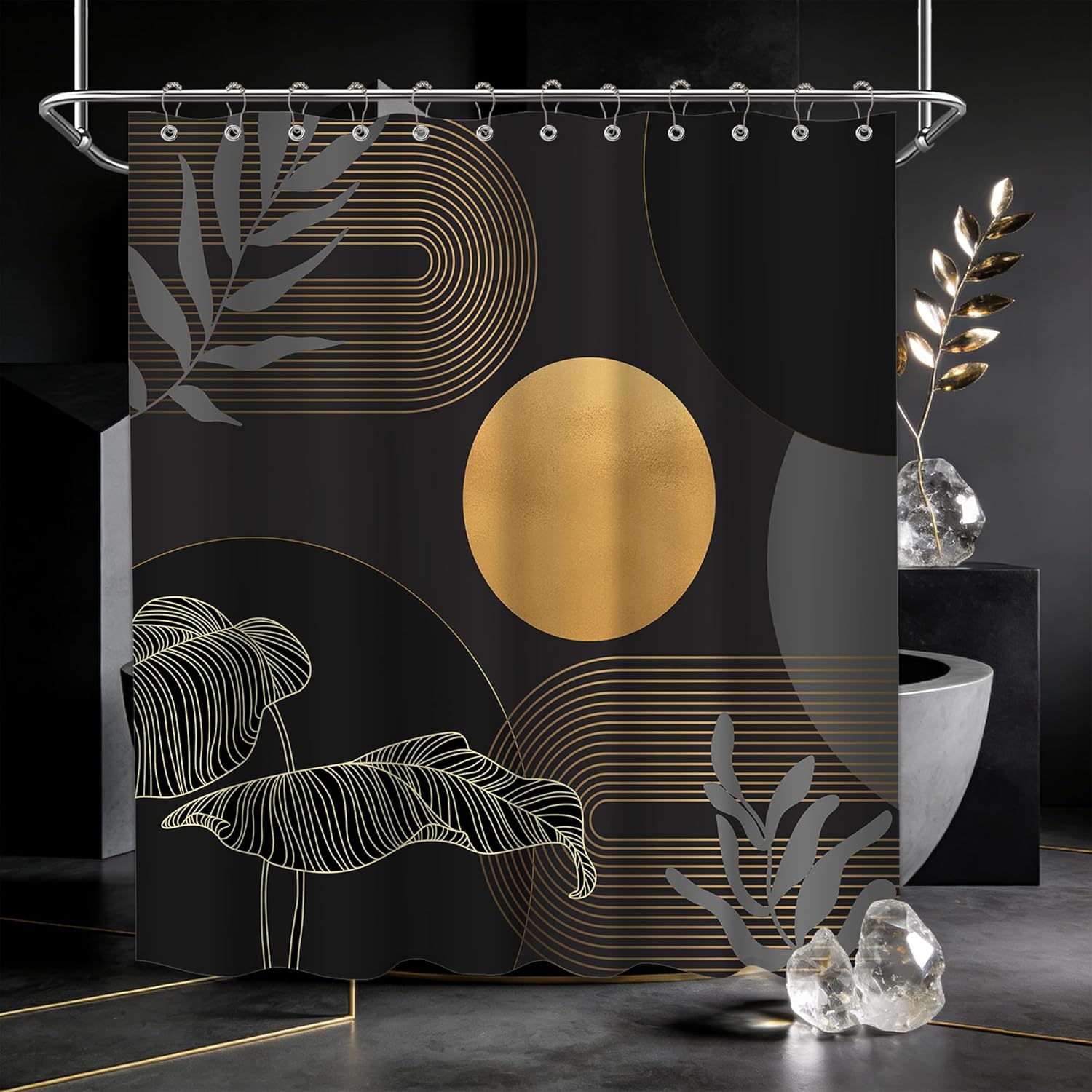 Black and Gold Shower Curtain Dark Mid Century Modern Boho Shower Curtains for Bathroom Decor MCM Masculine Cool Bath Curtain Set, Waterproof Fabric with Hooks 70 x 84 Inch