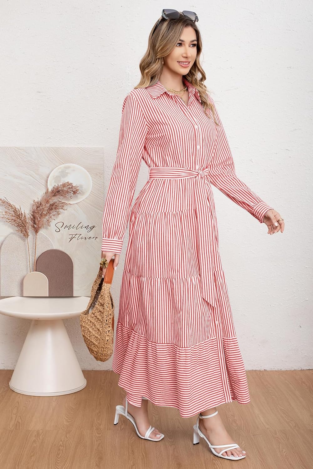 utcoco Womens Casual Long Sleeve Button Down Tie Waist Ruffled Striped Maxi Shirt Dress - Image 4