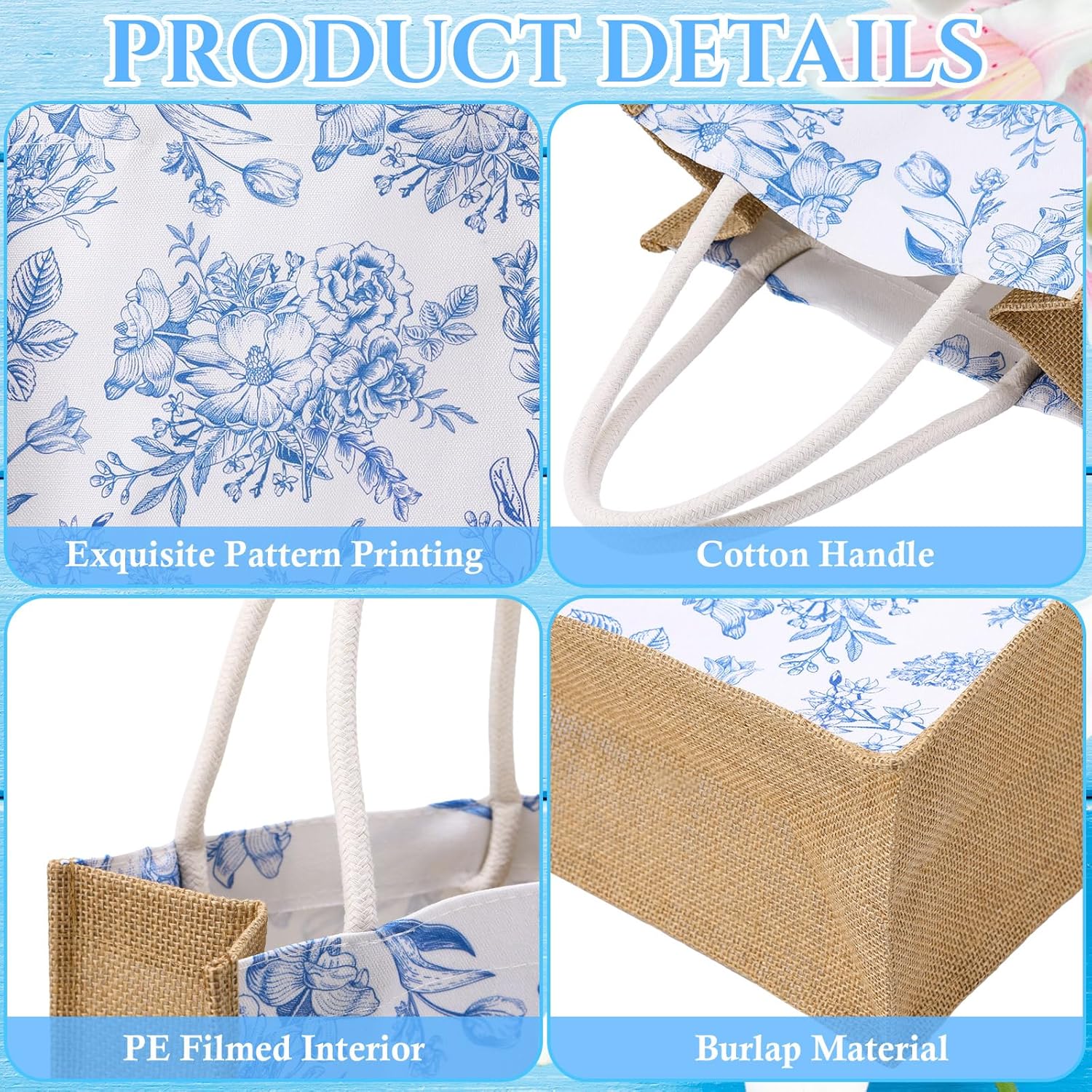Paterr 6 Pcs Bridesmaid Bags Blue White Vintage Floral Burlap Tote Bridal Party Gift Bags Reusable Jute Tote with Handles Medium for Wedding Day Engagement DIY Shopping Bridal Shower - Image 3