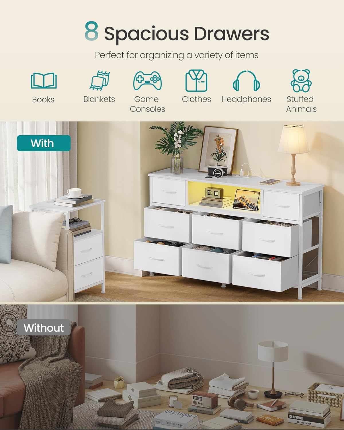 SONGMICS BELLAH Collection - Dresser for Bedroom with Outlets and LED Lights, TV Stand for TVs Up to 55 Inches, Chest of Drawers, 8 Drawers, Steel, Modern, Cloud White ULGS433WH02S