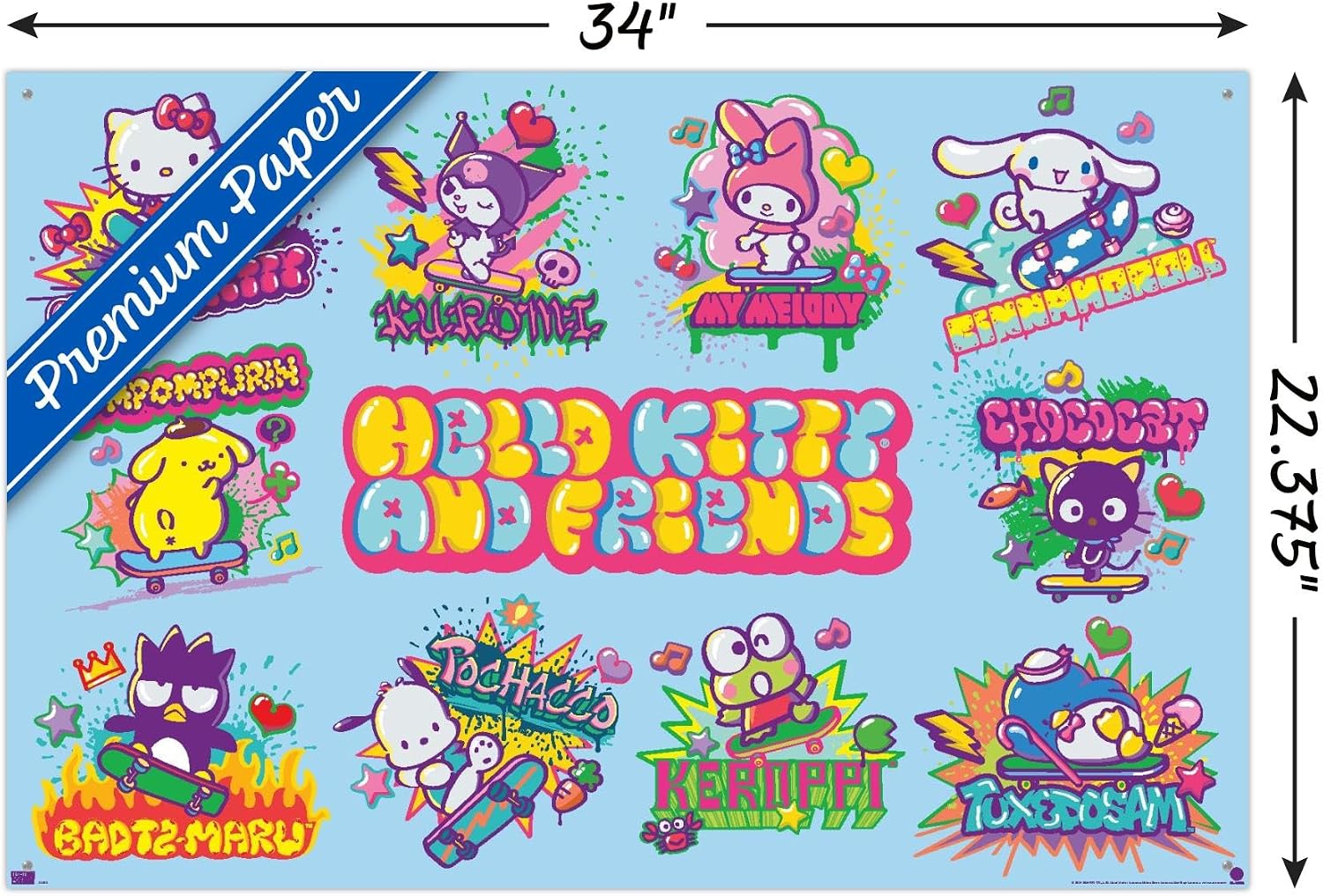 Trends International Hello Kitty and Friends: 24 Tokyo Skate Group Grid Wall Poster, 22.37" x 34.00", Premium Poster & Push Pin Bundle image 3
