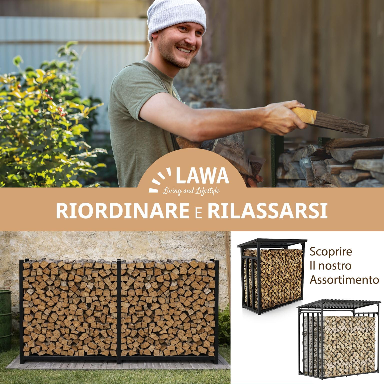 LAWA Rastrelliera per Legna da Ardere in Metallo Zincata 223x25x115cm Nera | Verniciata a Polvere, Per Esterni, Senza Telone, Per Giardino, Legnaia da Esterno, Scaffale per legna